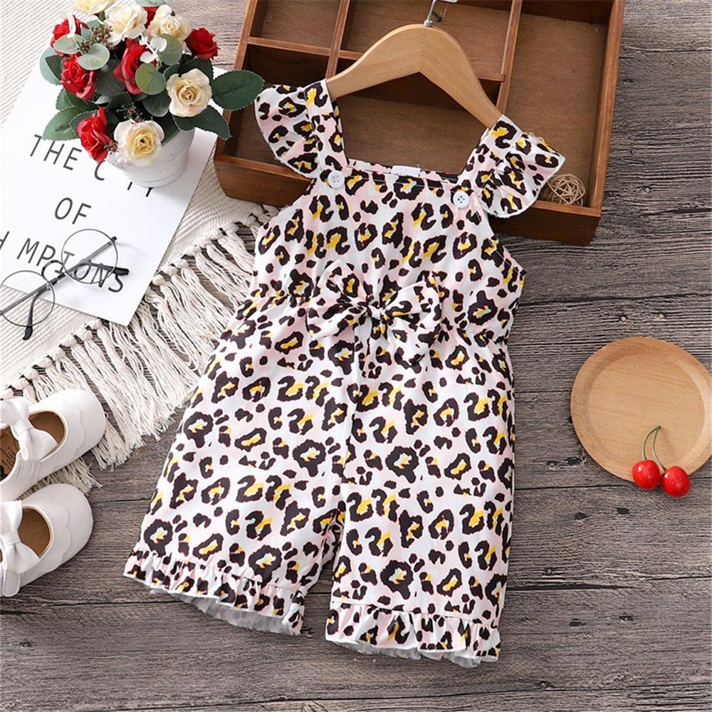 Girls Leopard Printed Bow Suspender Jumpsuit wholesale toddler clothes