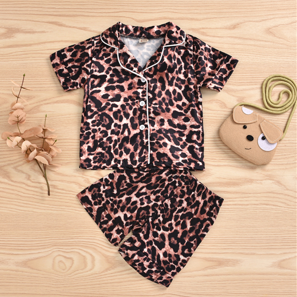 Girls Leopard Printed Button Short Sleeve Top & Shorts Pajamas Kids Wholesale Clothing