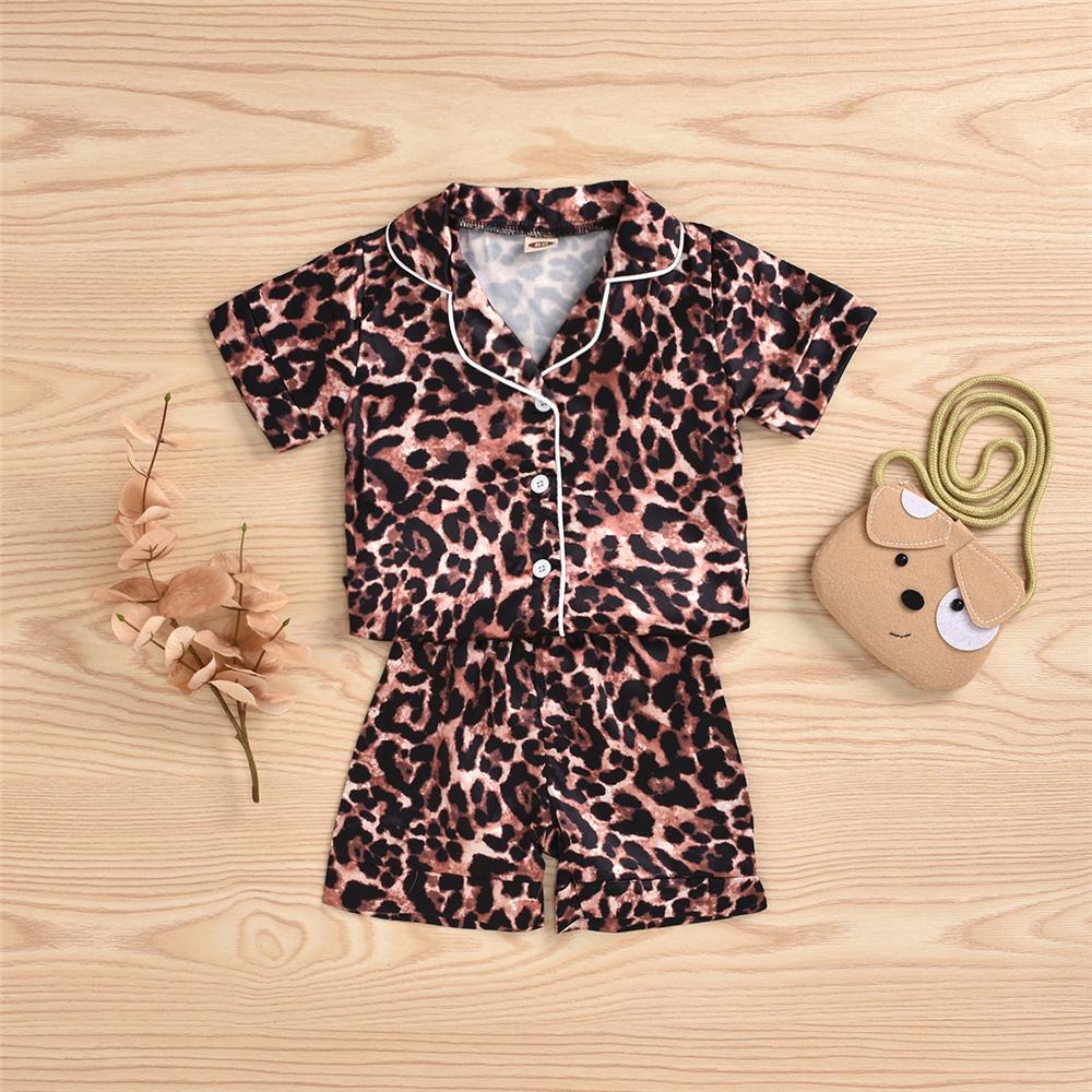 Girls Leopard Printed Button Short Sleeve Top & Shorts Pajamas Kids Wholesale Clothing