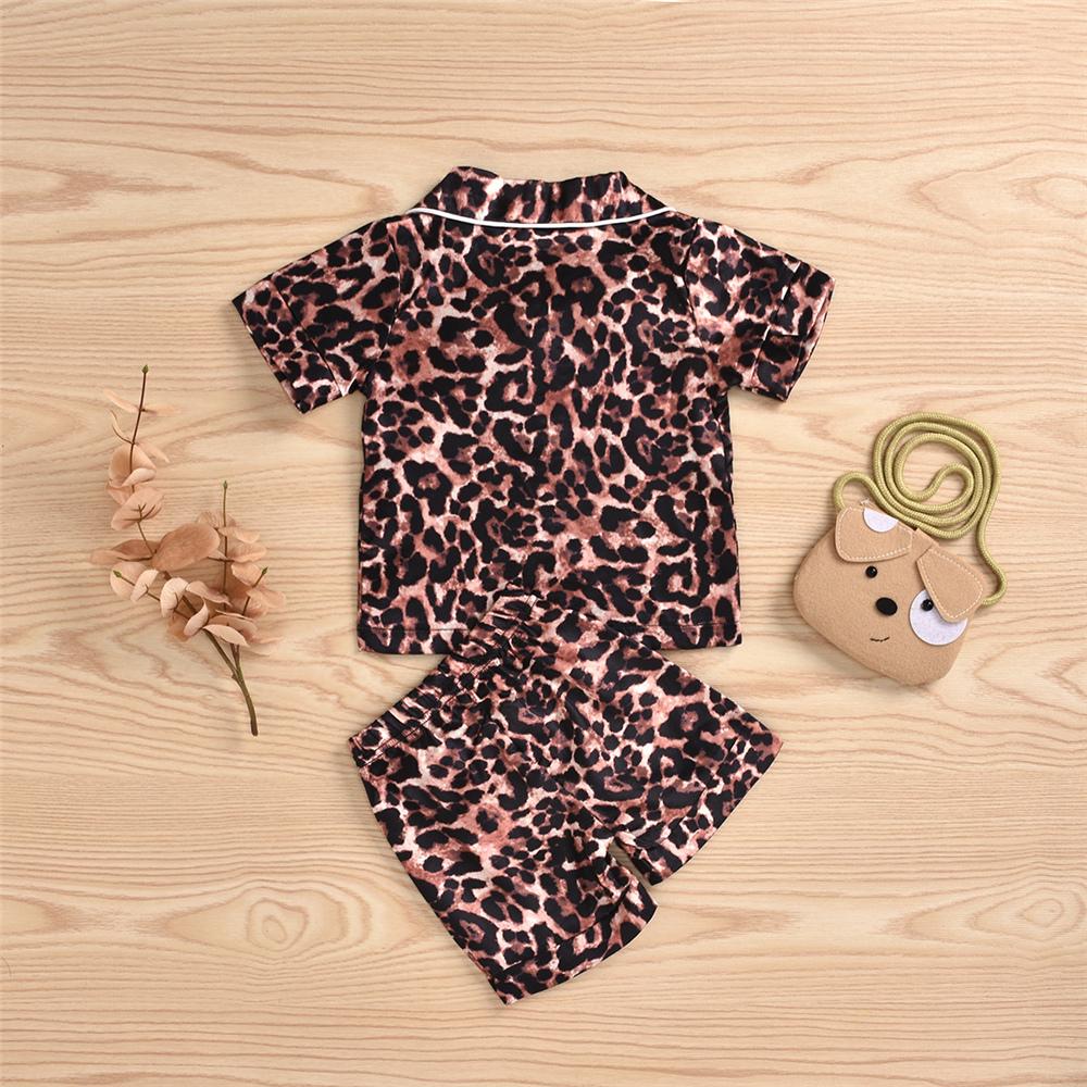 Girls Leopard Printed Button Short Sleeve Top & Shorts Pajamas Kids Wholesale Clothing