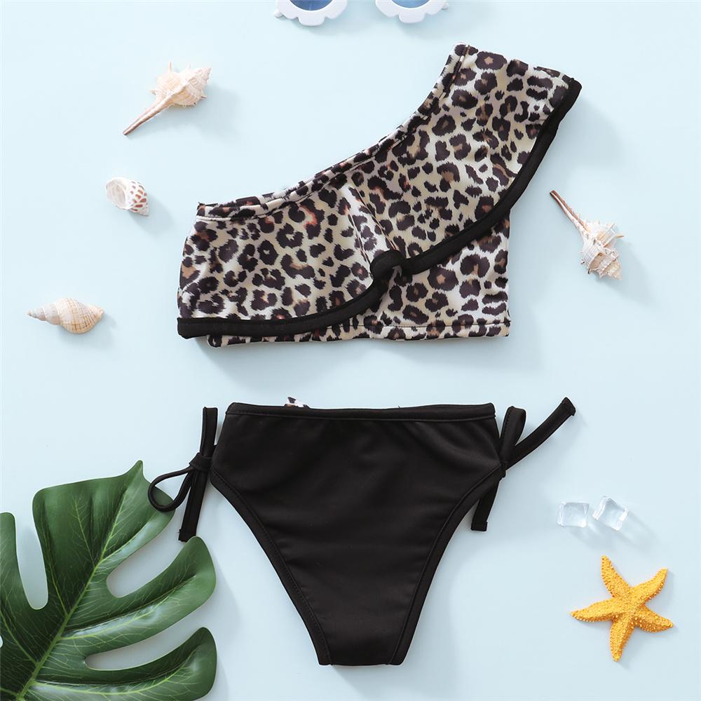 Girls Leopard Printed Oblique Shoulder Top & Shorts 2 Piece Swimsuit With Shorts