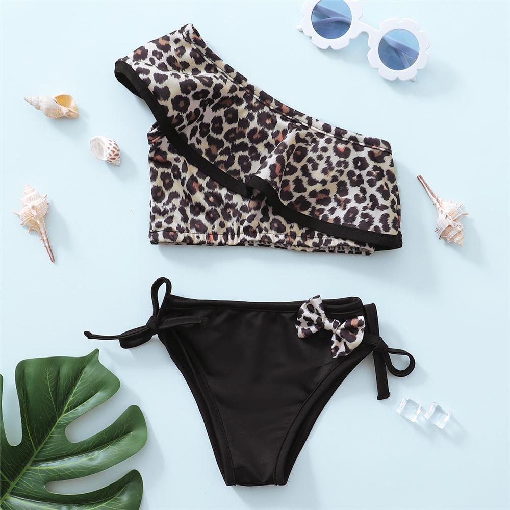 Girls Leopard Printed Oblique Shoulder Top & Shorts 2 Piece Swimsuit With Shorts