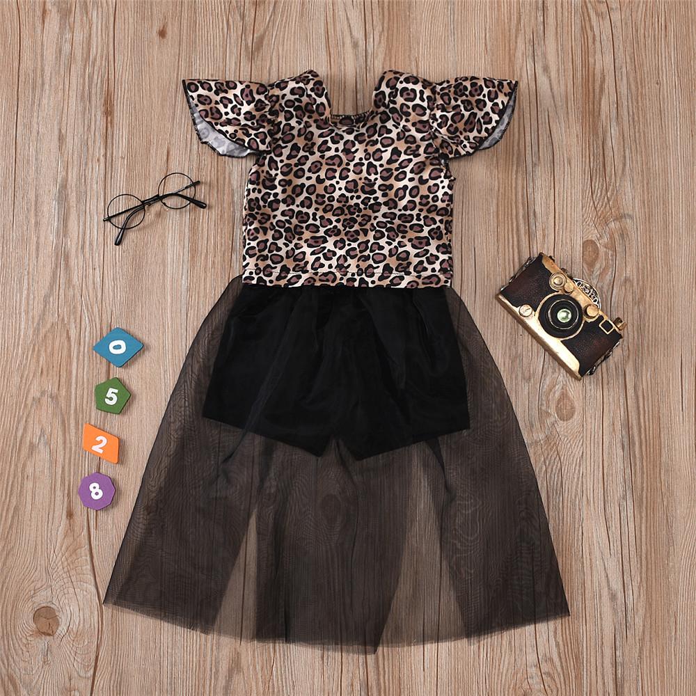 Girls Leopard Printed Short Sleeve Mesh Splicing Jumpsuit quality children's clothing wholesale