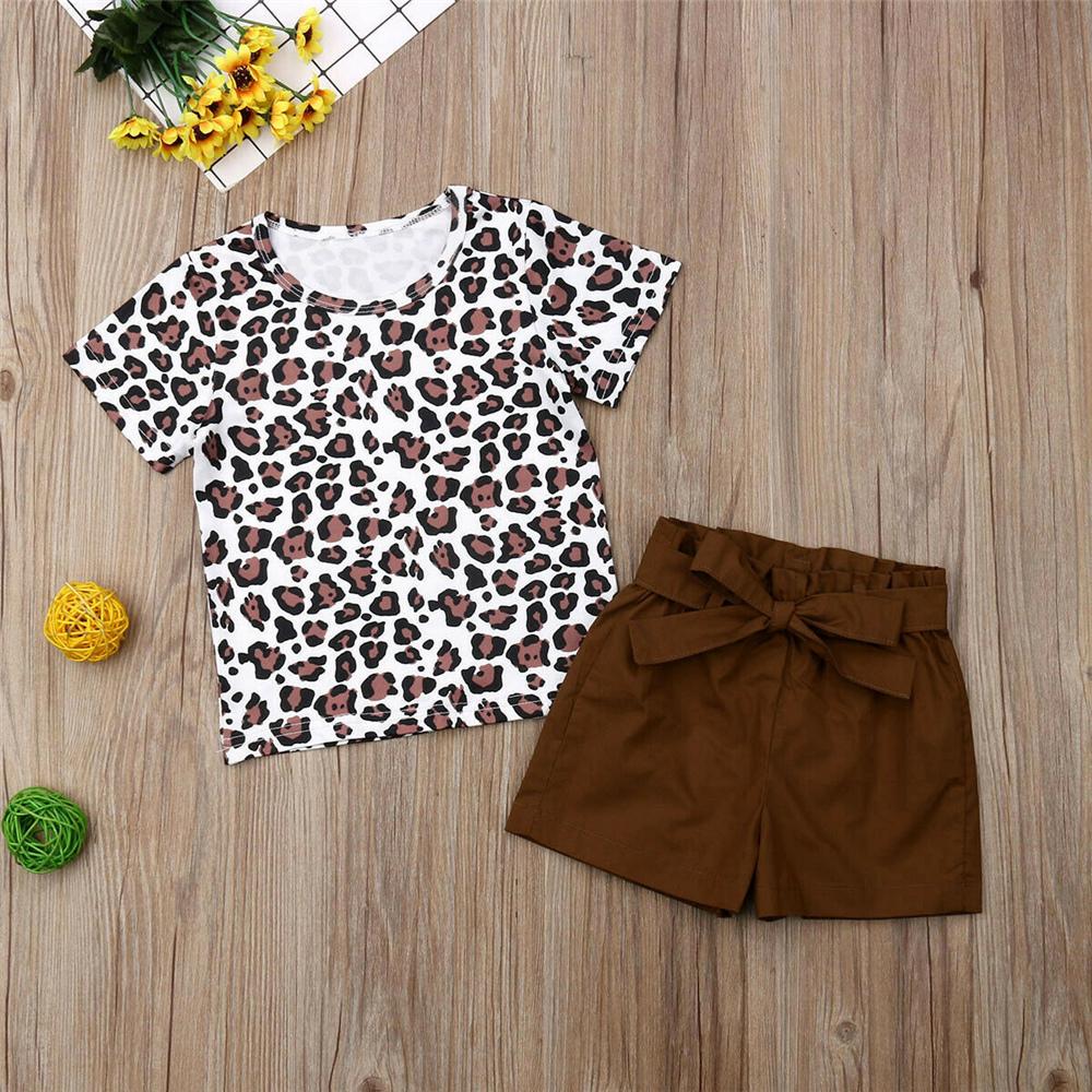 Girls Leopard Printed Short Sleeve Pullover T-Shirts & Solid Shorts wholesale kids clothing suppliers