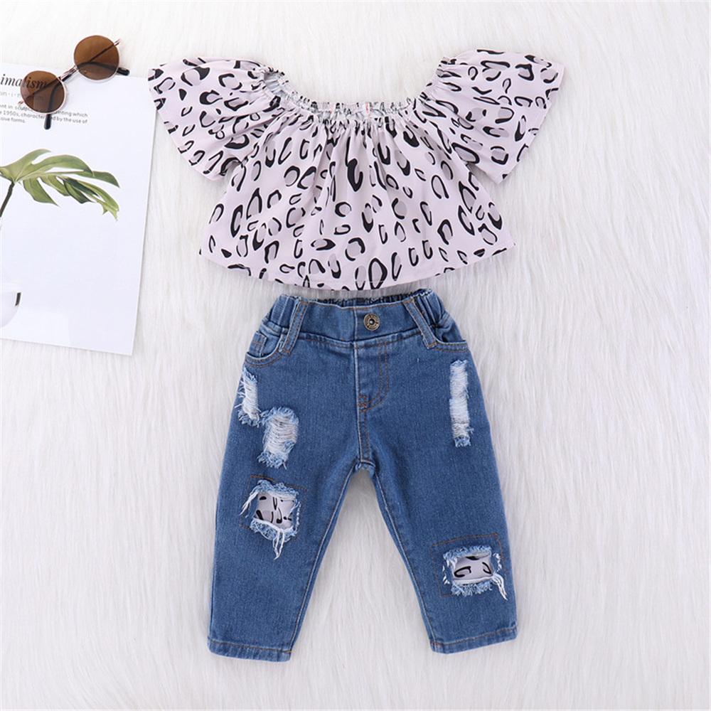 Girls Leopard Printed Short Sleeve Top & Ripped Jeans kids wholesale vendors