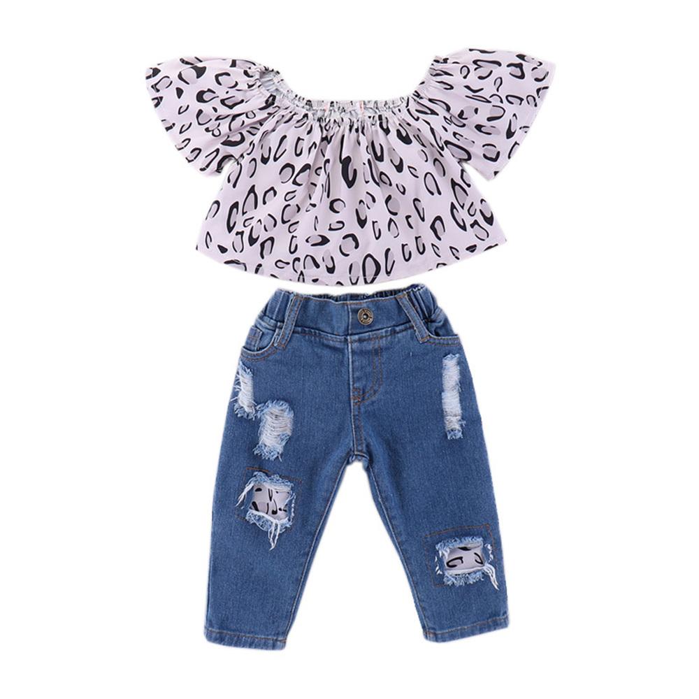 Girls Leopard Printed Short Sleeve Top & Ripped Jeans kids wholesale vendors