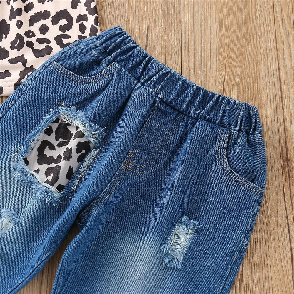 Girls Leopard Printed Sleeveless Top & Jeans kids wholesale clothing