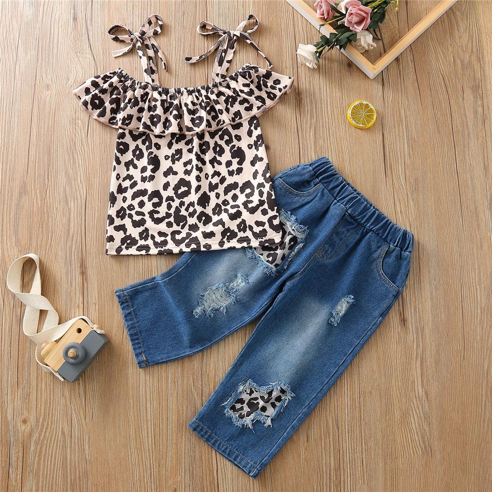 Girls Leopard Printed Sleeveless Top & Jeans kids wholesale clothing