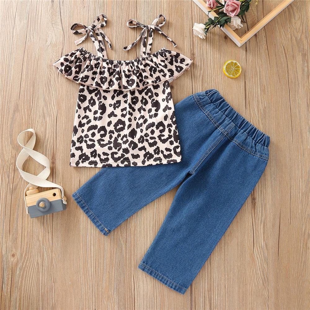 Girls Leopard Printed Sleeveless Top & Jeans kids wholesale clothing