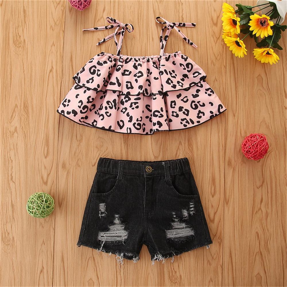Girls Leopard Printed Sling Top & Denim Ripped Shorts wholesale children's boutique clothing suppliers usa