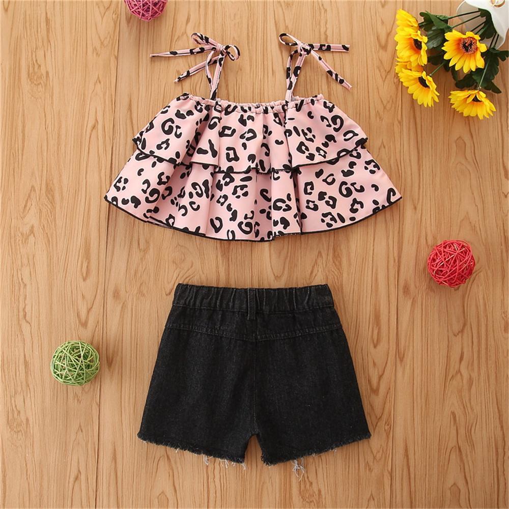 Girls Leopard Printed Sling Top & Denim Ripped Shorts wholesale children's boutique clothing suppliers usa