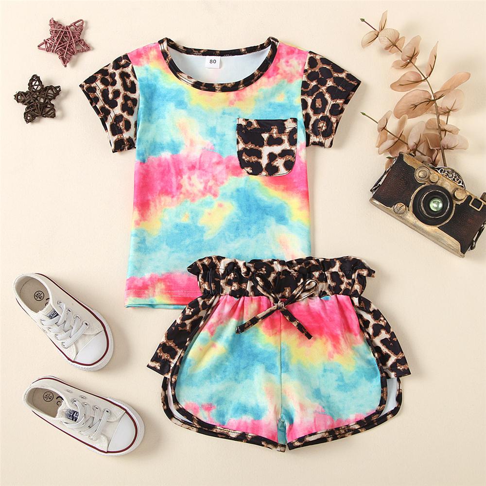 Girls Leopard Printed Tie Dye Pocket Short Sleeve Top & Shorts Wholesale Clothing For Girls