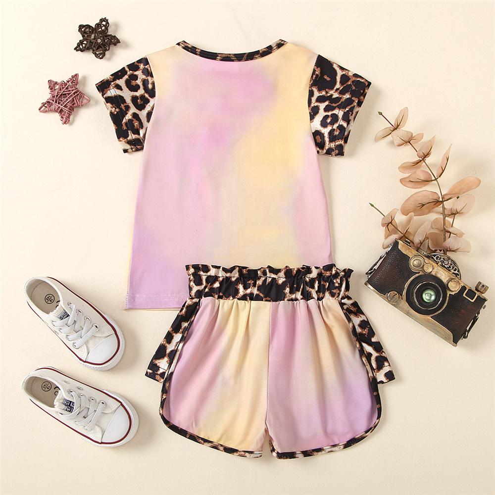 Girls Leopard Printed Tie Dye Pocket Short Sleeve Top & Shorts Wholesale Clothing For Girls