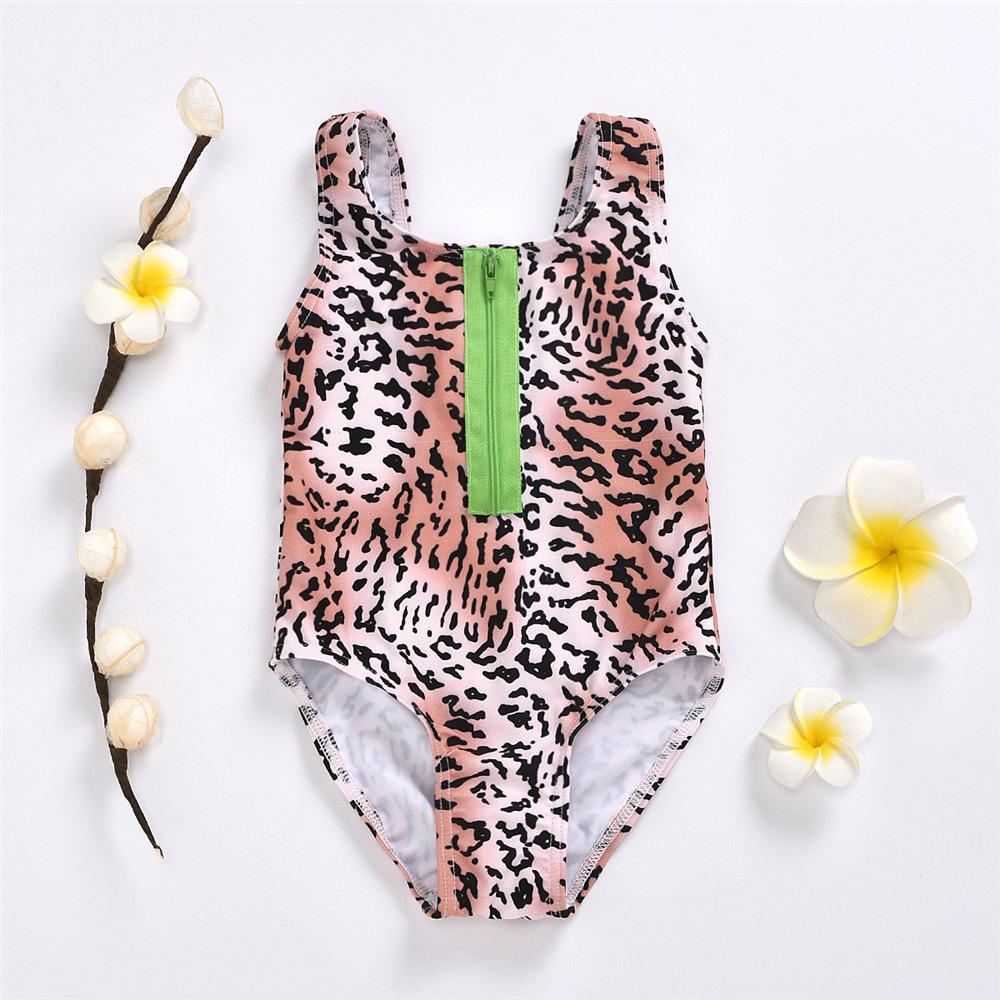 Girls Leopard Printed Zipper Swimwear Toddler One Piece Swimsuit