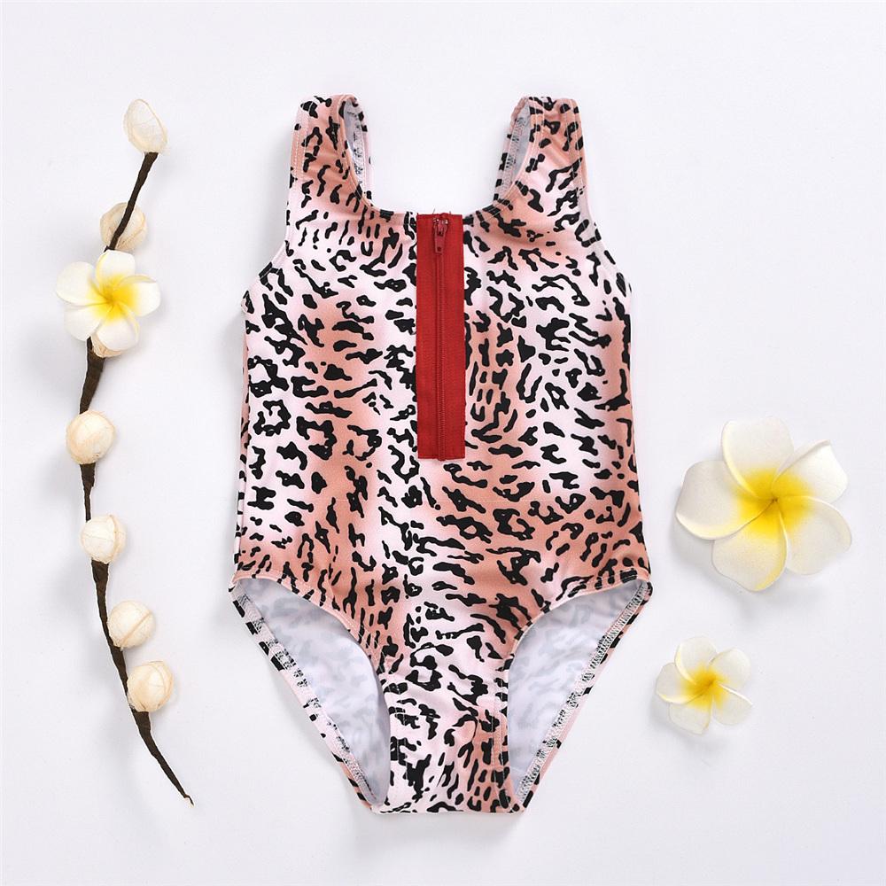 Girls Leopard Printed Zipper Swimwear Toddler One Piece Swimsuit