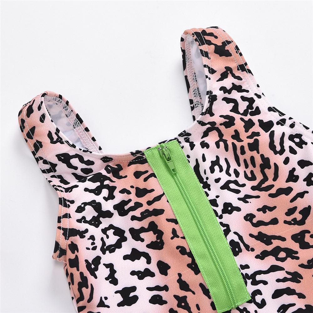 Girls Leopard Printed Zipper Swimwear Toddler One Piece Swimsuit