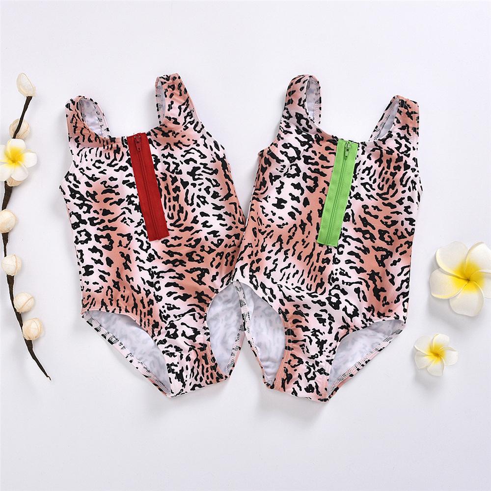 Girls Leopard Printed Zipper Swimwear Toddler One Piece Swimsuit