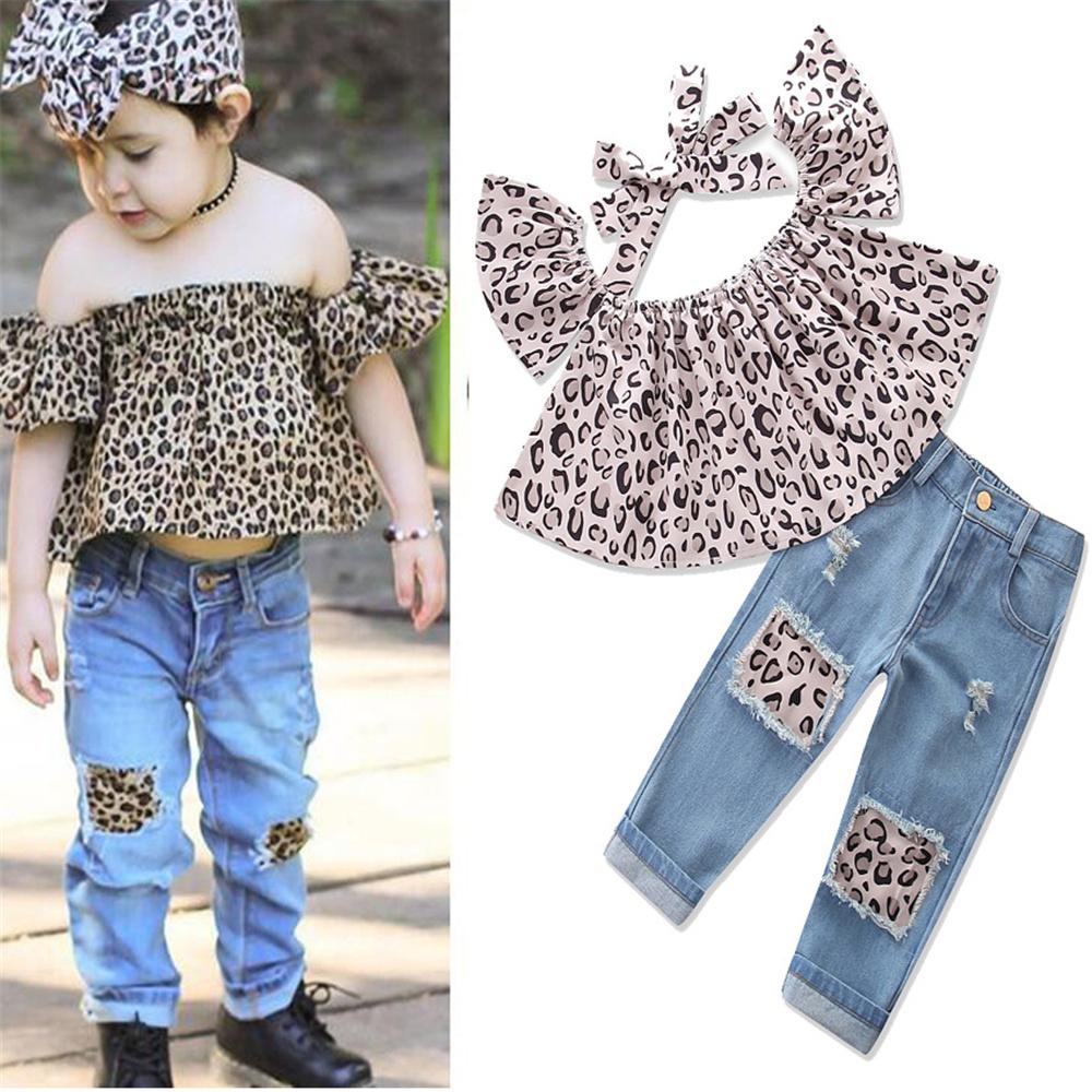 Girls Leopard Short Sleeve Off Shoulder Top & Ripped Jeans & Headband Wholesale Girl Boutique Clothing