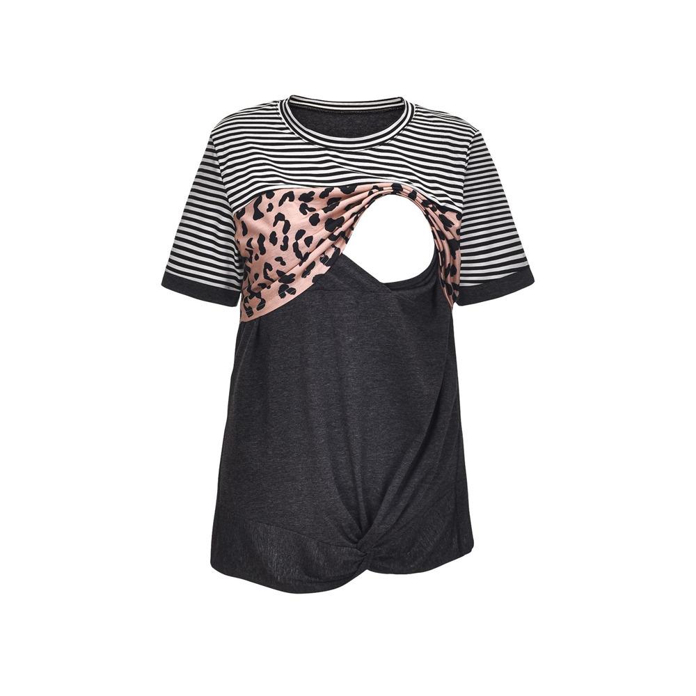 Maternity Leopard Striped Short Sleeve Nursing Top Wholesale Maternity Clothes