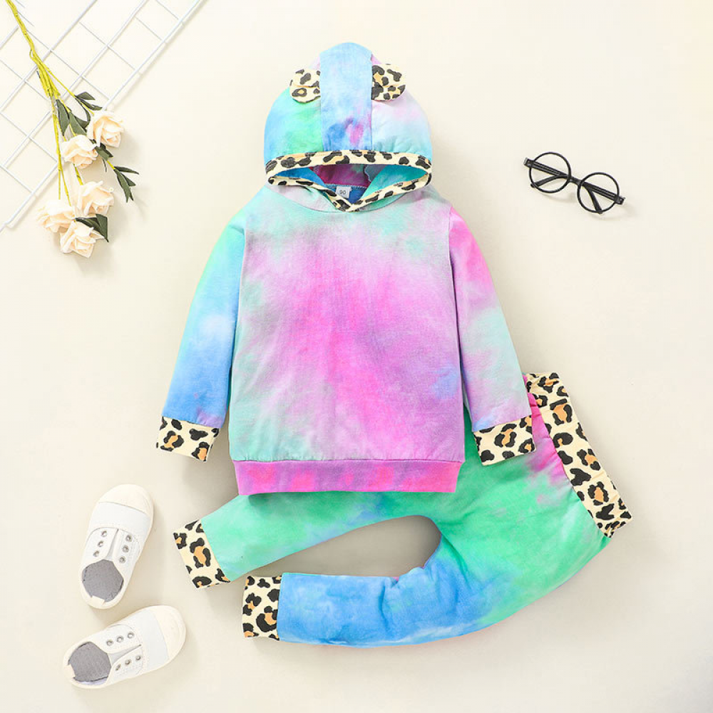 Girls Leopard Tie Dye Long Sleeve Hooded Top & Pants trendy kids wholesale clothing