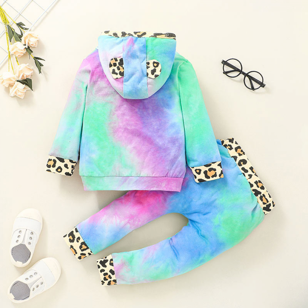 Girls Leopard Tie Dye Long Sleeve Hooded Top & Pants trendy kids wholesale clothing