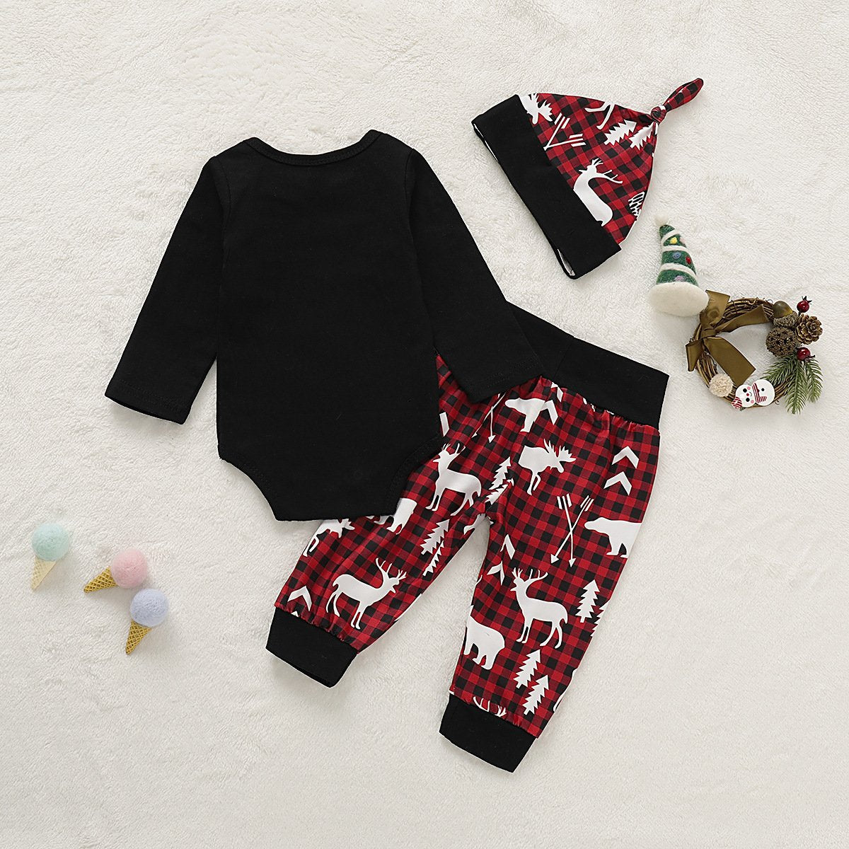 Baby Letter Animal Printed Long Sleeve Romper & Plaid Pants & Hat Wholesale Baby Clothes