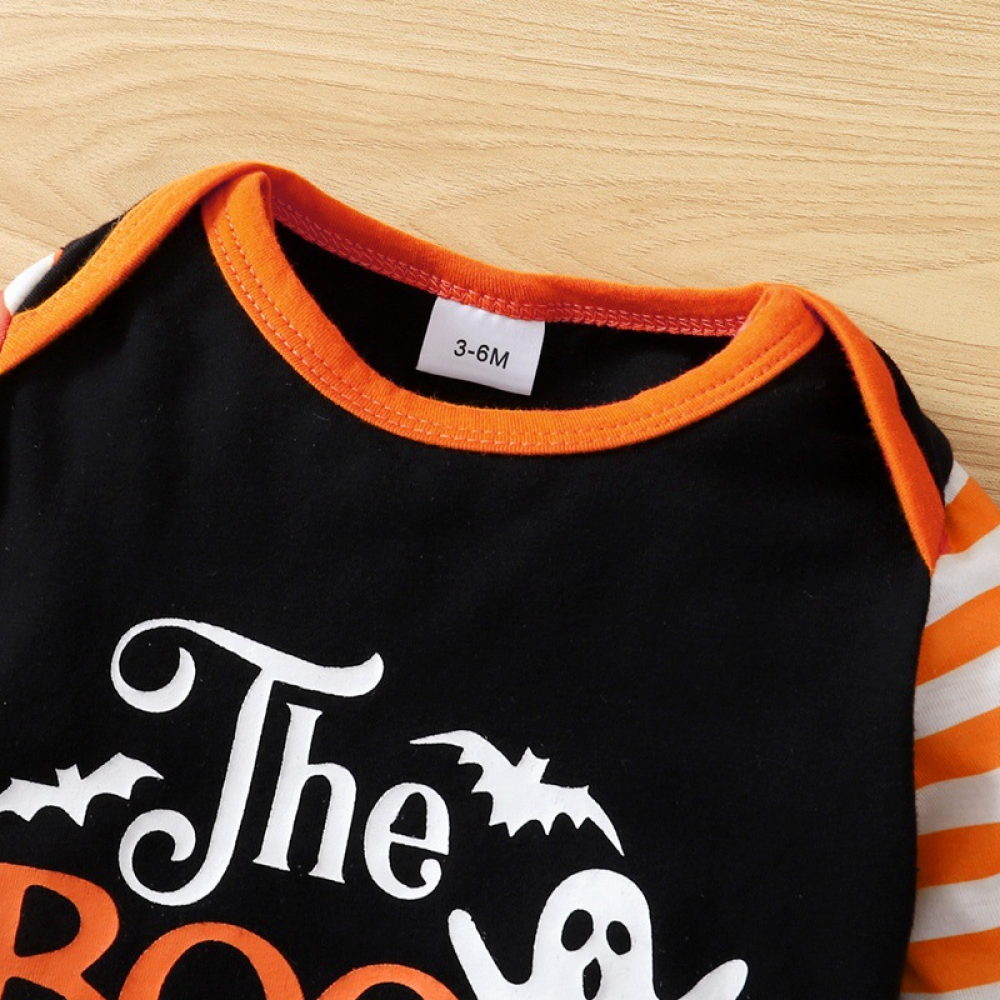 Baby Girls Letter Cartoon Printed Halloween Striped Long Sleeve Romper & Headband Wholesale Baby Clothes