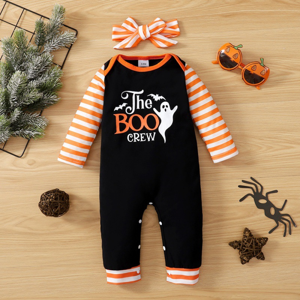 Baby Girls Letter Cartoon Printed Halloween Striped Long Sleeve Romper & Headband Wholesale Baby Clothes