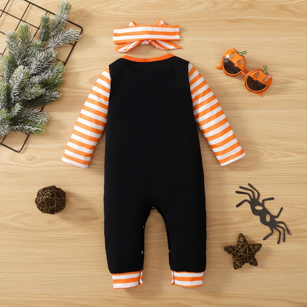 Baby Girls Letter Cartoon Printed Halloween Striped Long Sleeve Romper & Headband Wholesale Baby Clothes