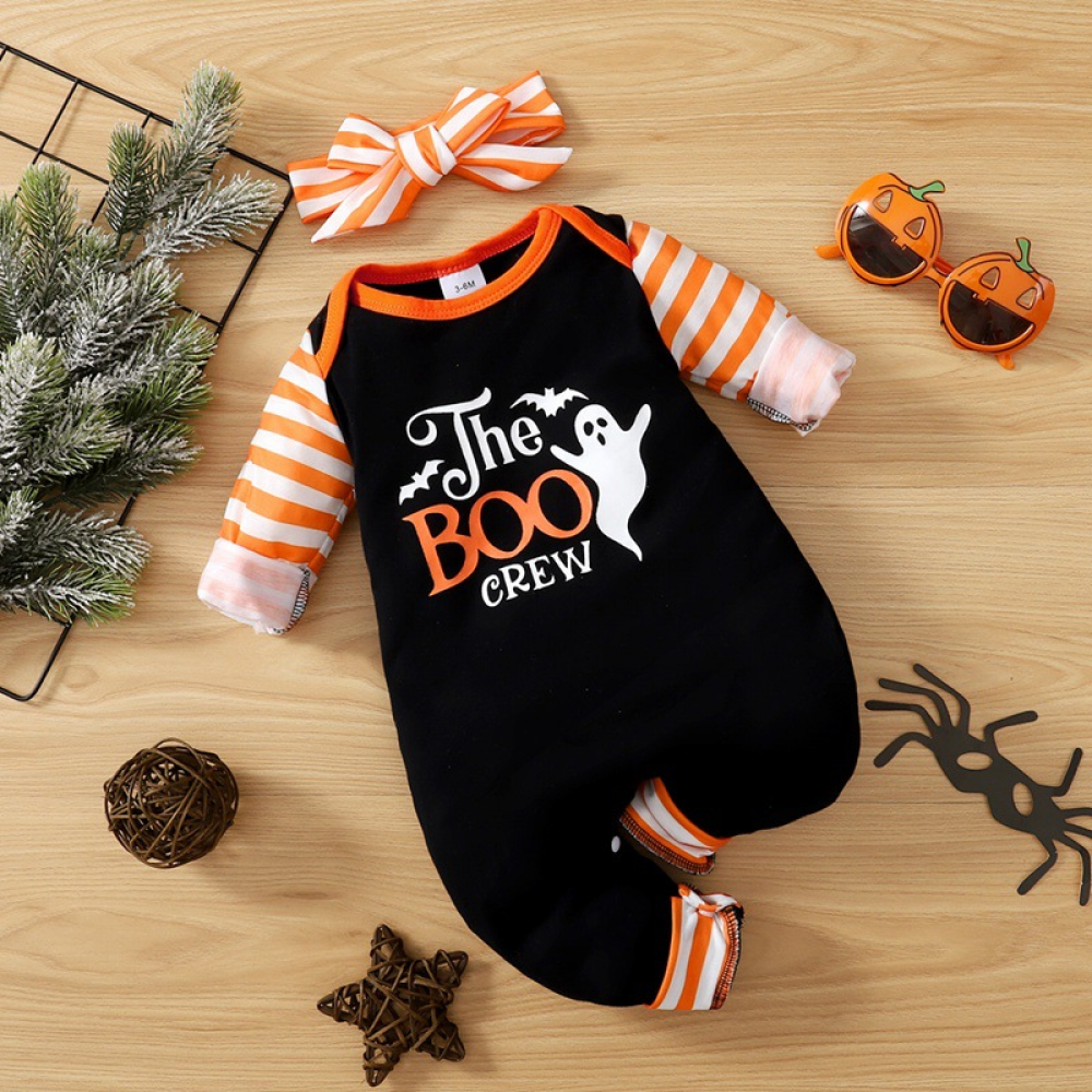 Baby Girls Letter Cartoon Printed Halloween Striped Long Sleeve Romper & Headband Wholesale Baby Clothes