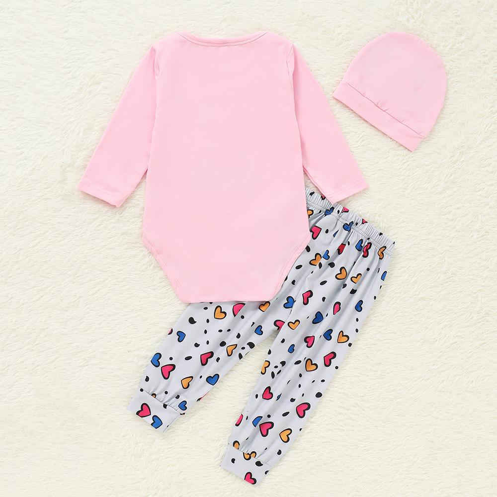 Baby Girls Letter Cartoon Printed Long Sleeve Romper & Pants & Hat Wholesale Baby Clothes