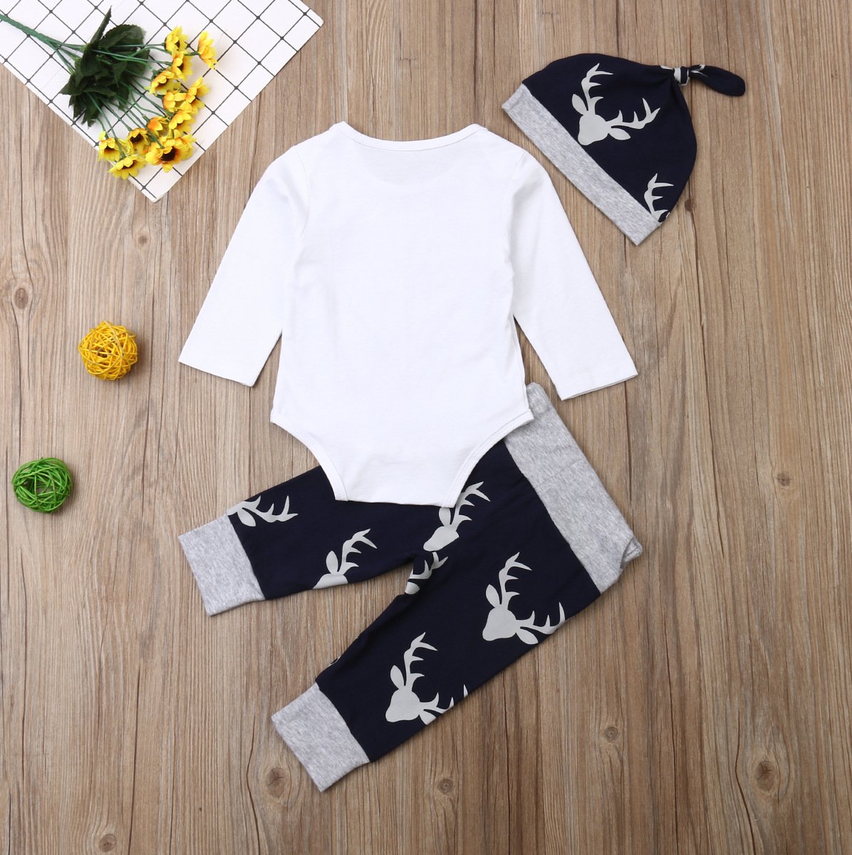 Baby Letter Cartoon Printed Long Sleeve Romper & Pants & Hat wholesale baby