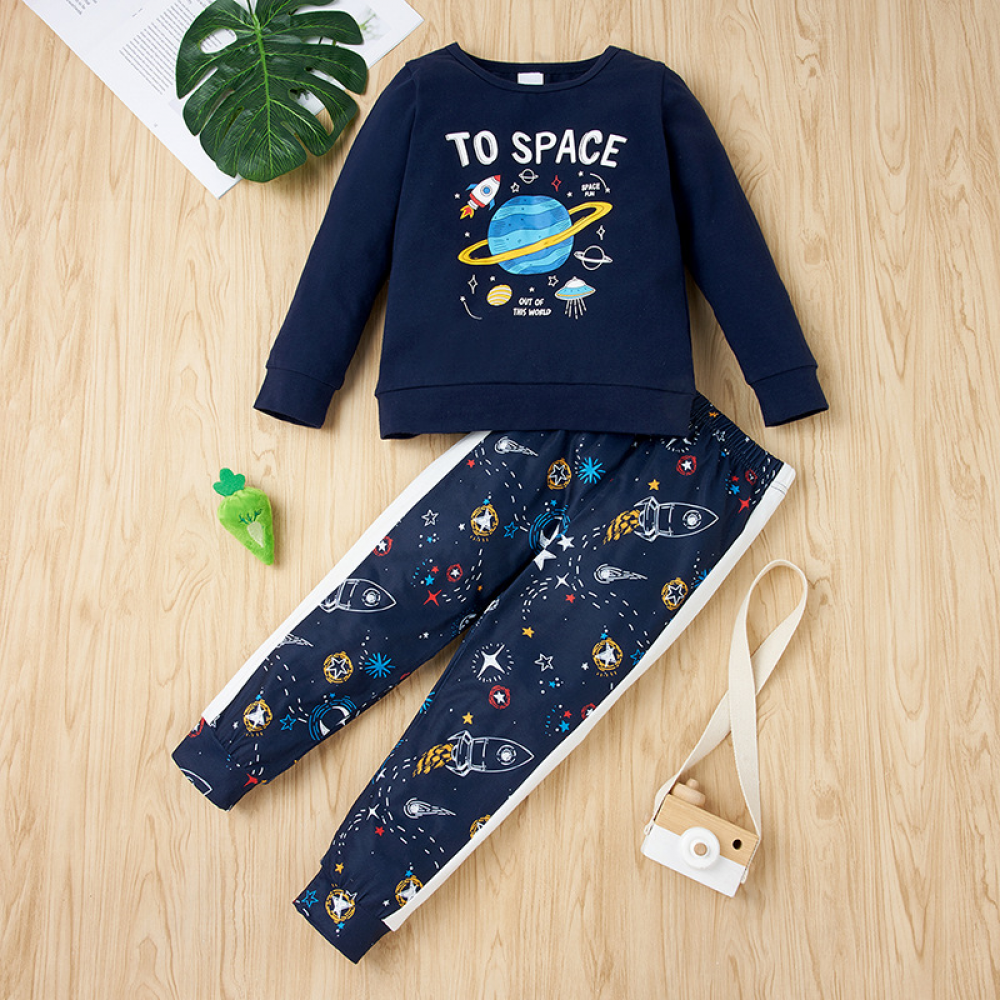 Boys Letter Cartoon Printed Long Sleeve Top & Pants trendy kids wholesale clothing