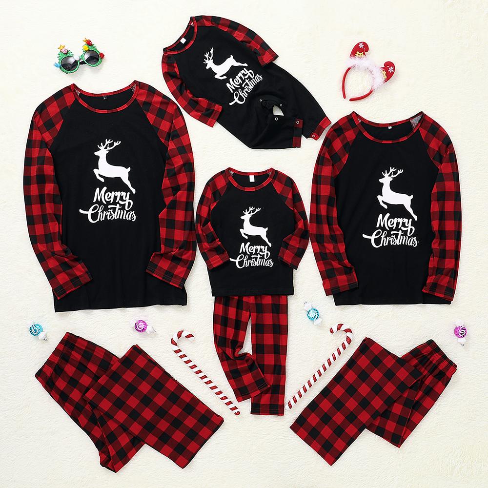 Letter Cartoon Printed Parent-Child Plaid Long Sleeve Top & Pants Mommy And Me Wholesale Clothing