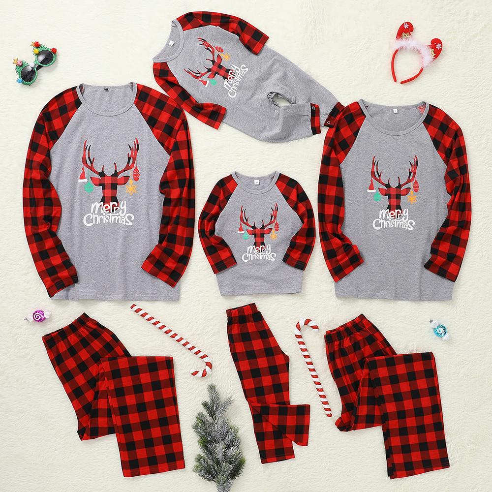 Parent-Child Letter Cartoon Printed Plaid Long Sleeve Top & Pants Mommy And Me Outfits Wholesale