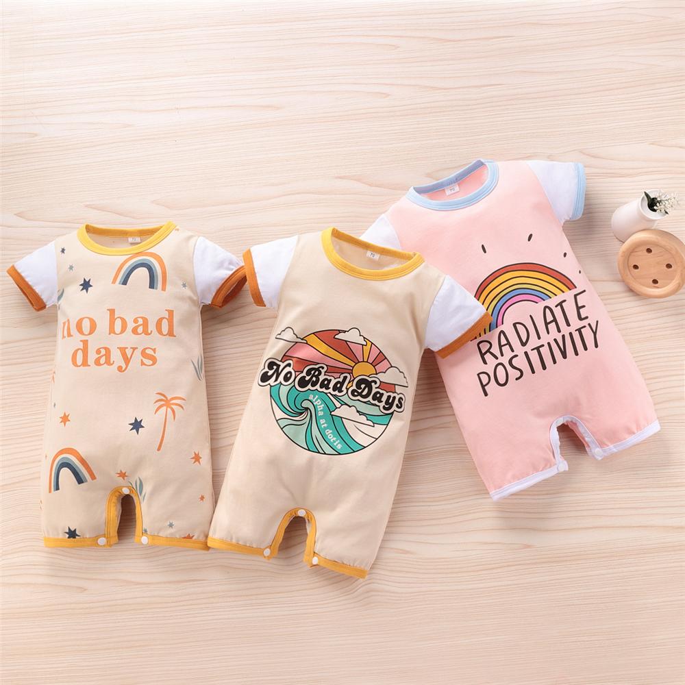 Baby Unisex Letter Cartoon Printed Short Sleeve Romper cheap baby boutique clothing