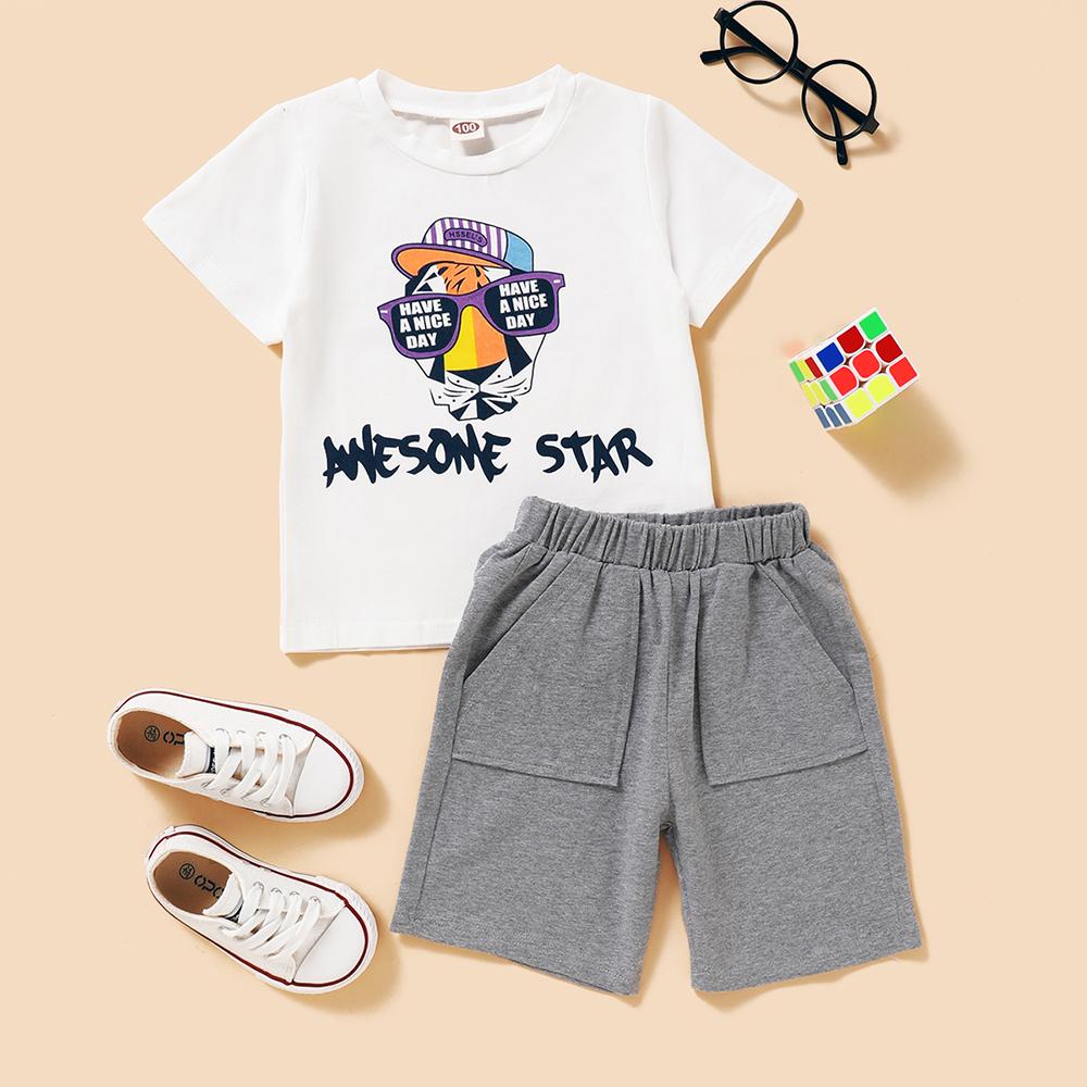 Boys Letter Cartoon Printed Short Sleeve T-shirt & Gray Shorts Little Boys Wholesale Clothing