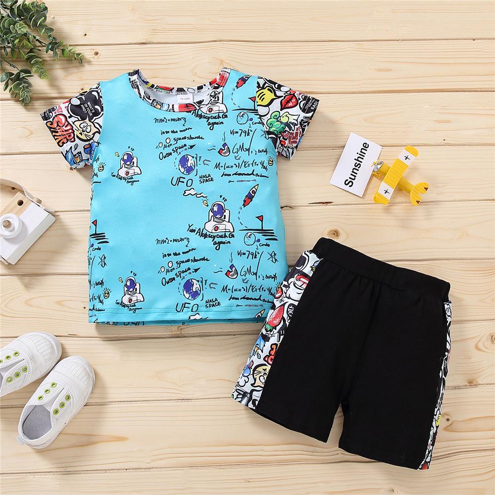 Boys Letter Cartoon Printed Short Sleeve Top & Shorts wholesale childrens clothing online
