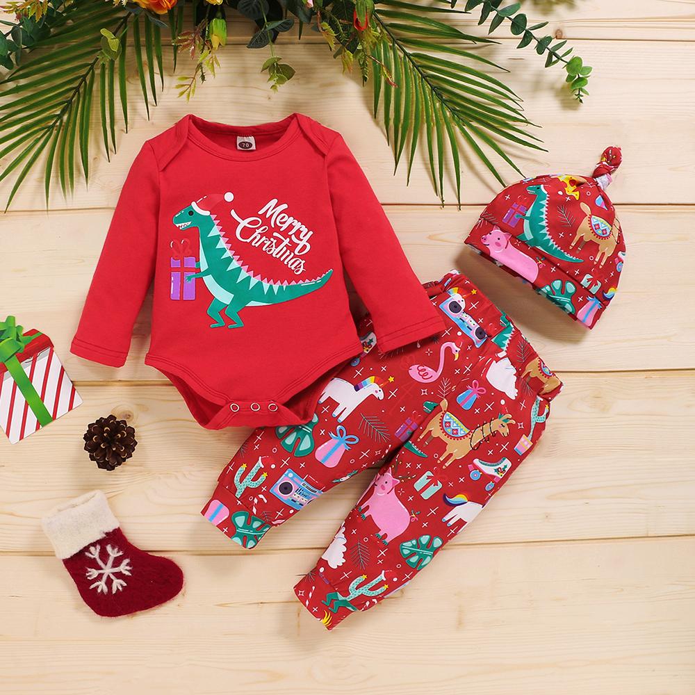 Baby Boys Letter Dinosaur Printed Long Sleeve Romper & Pants & Hat baby clothes wholesale distributors