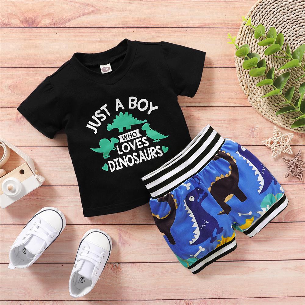 Baby Boys Letter Dinosaur Printed Short Sleeve Top & Shorts wholesale baby clothes usa