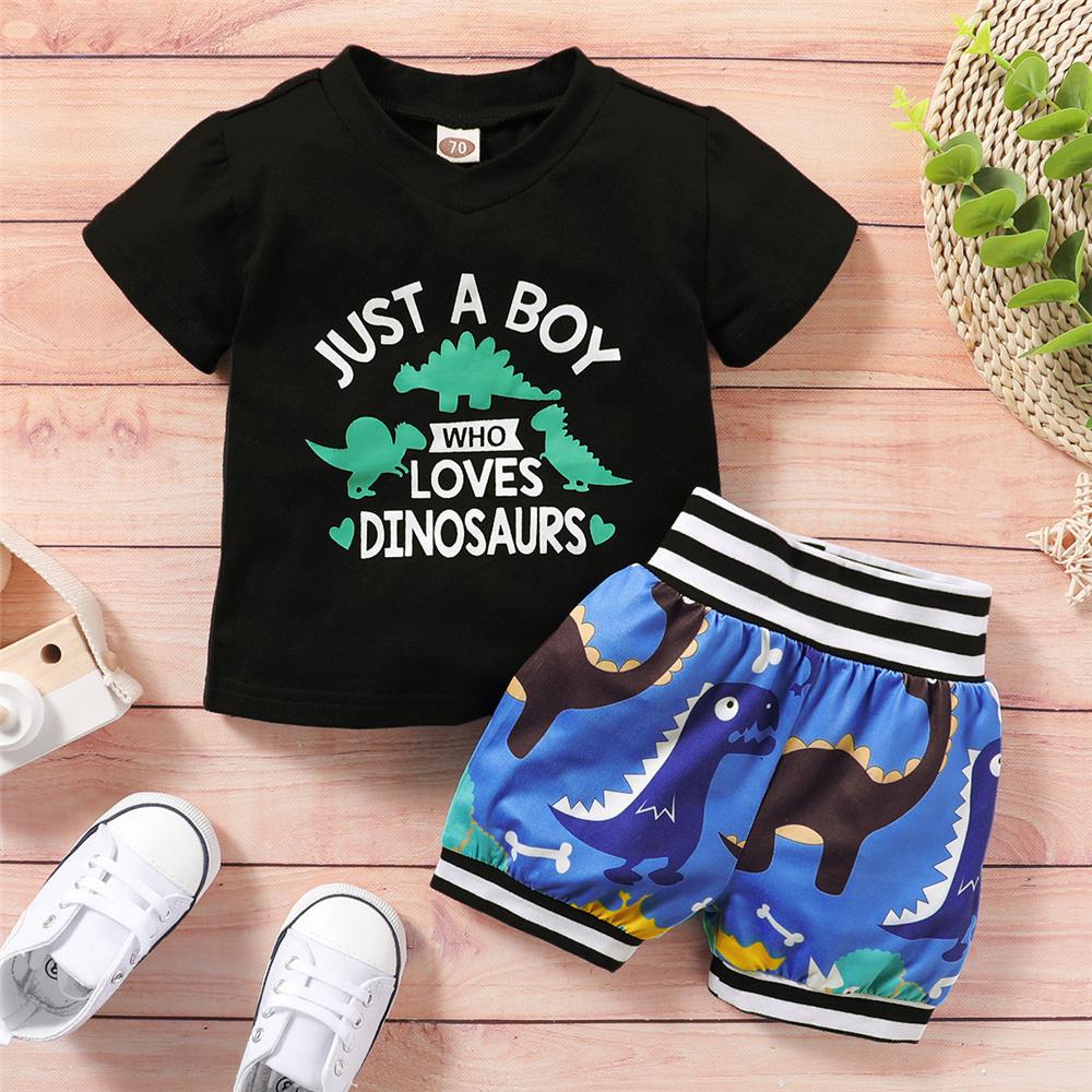 Baby Boys Letter Dinosaur Printed Short Sleeve Top & Shorts wholesale baby clothes usa