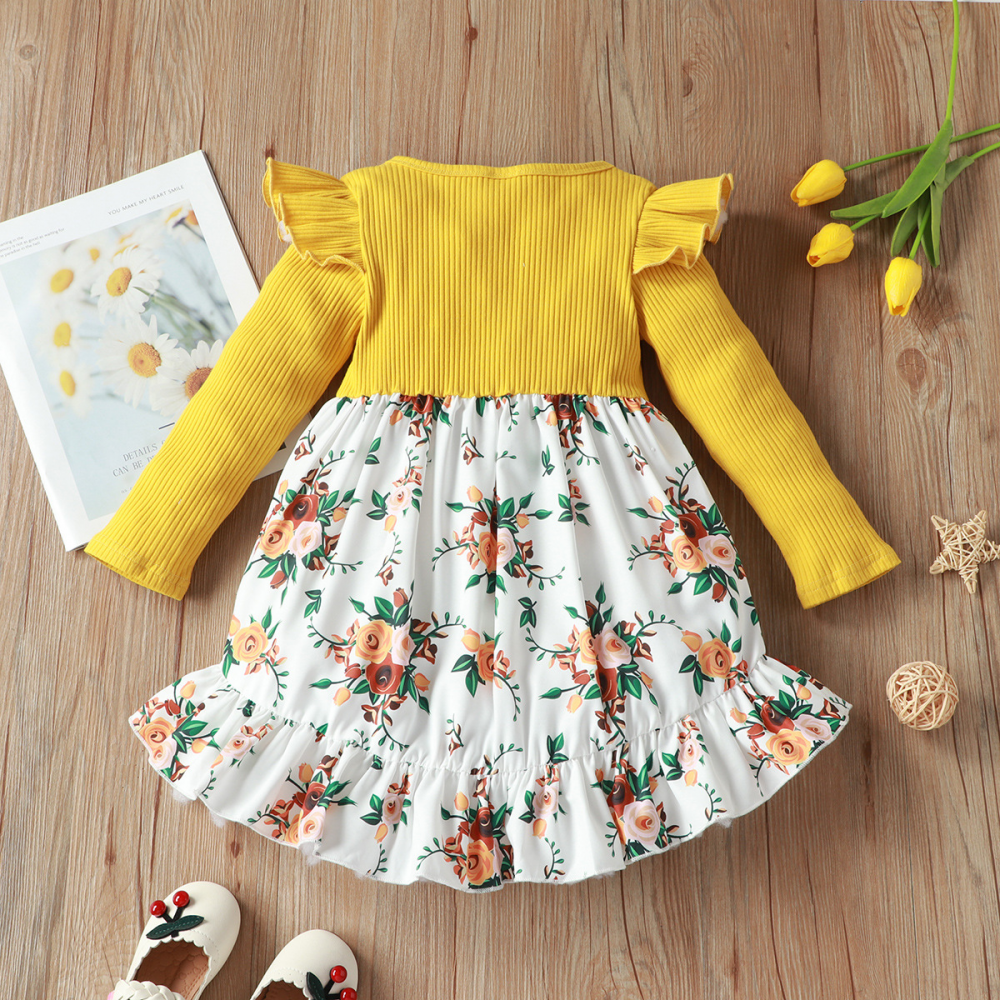 Girls Letter Floral Printed Long Sleeve Dress childrens wholesale clothing