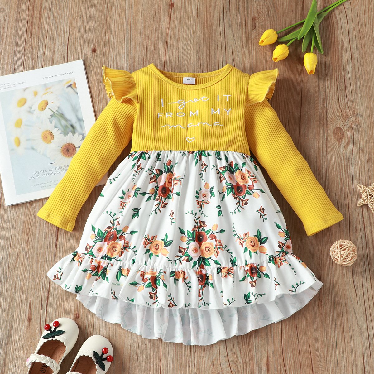 Girls Letter Floral Printed Long Sleeve Dress childrens wholesale clothing
