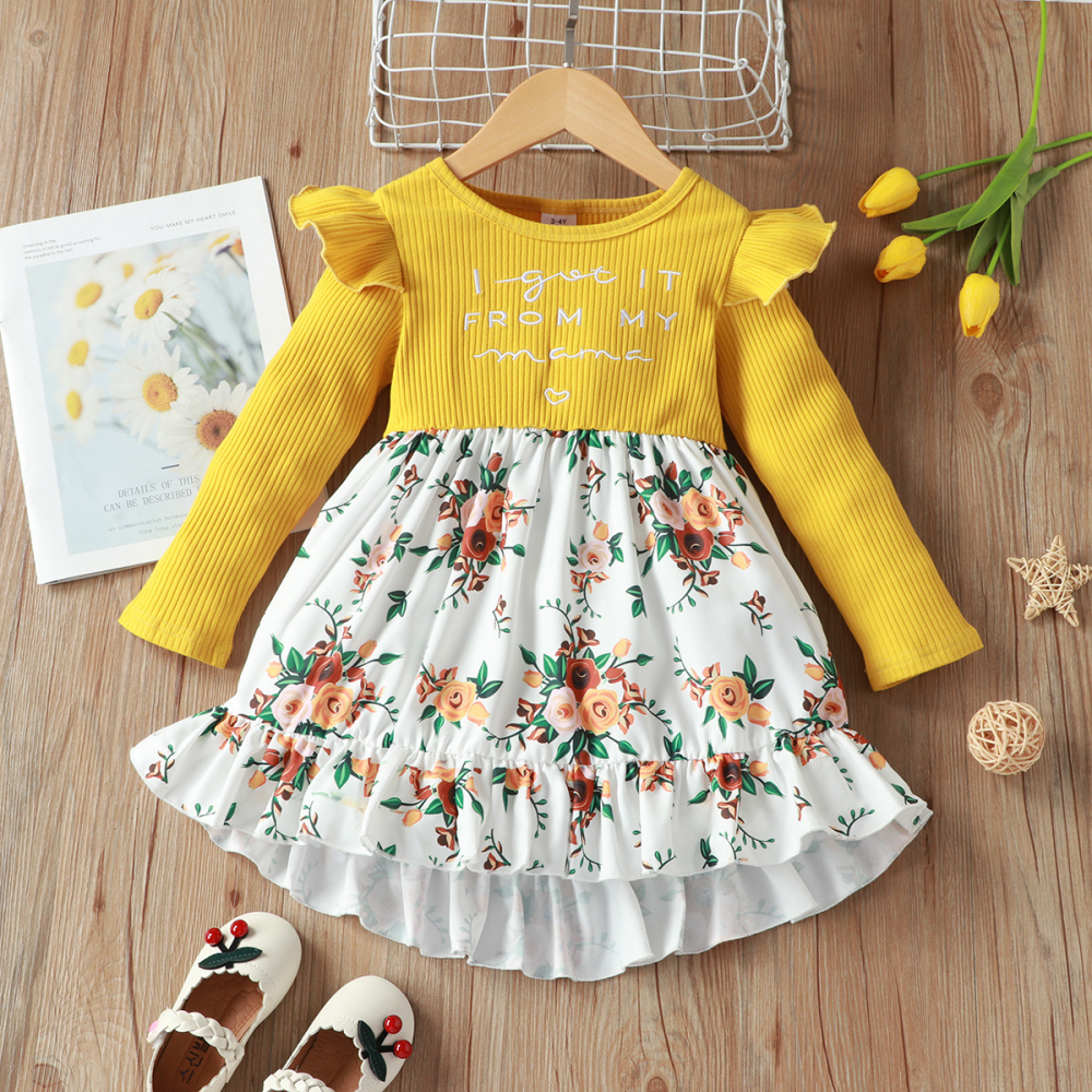 Girls Letter Floral Printed Long Sleeve Dress childrens wholesale clothing