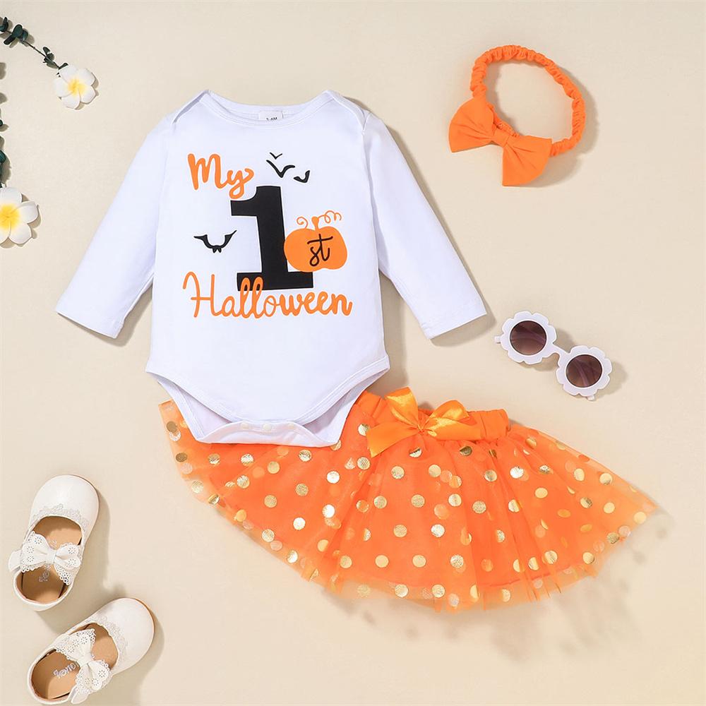 Baby Girls Letter Halloween Long Sleeve Romper & Skirt & Headband baby clothes wholesale