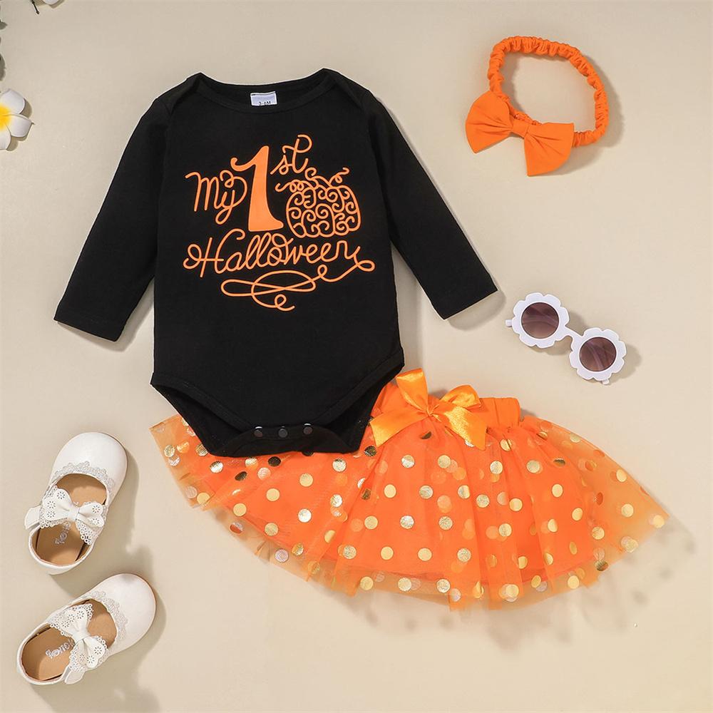 Baby Girls Letter Halloween Long Sleeve Romper & Skirt & Headband baby clothes wholesale