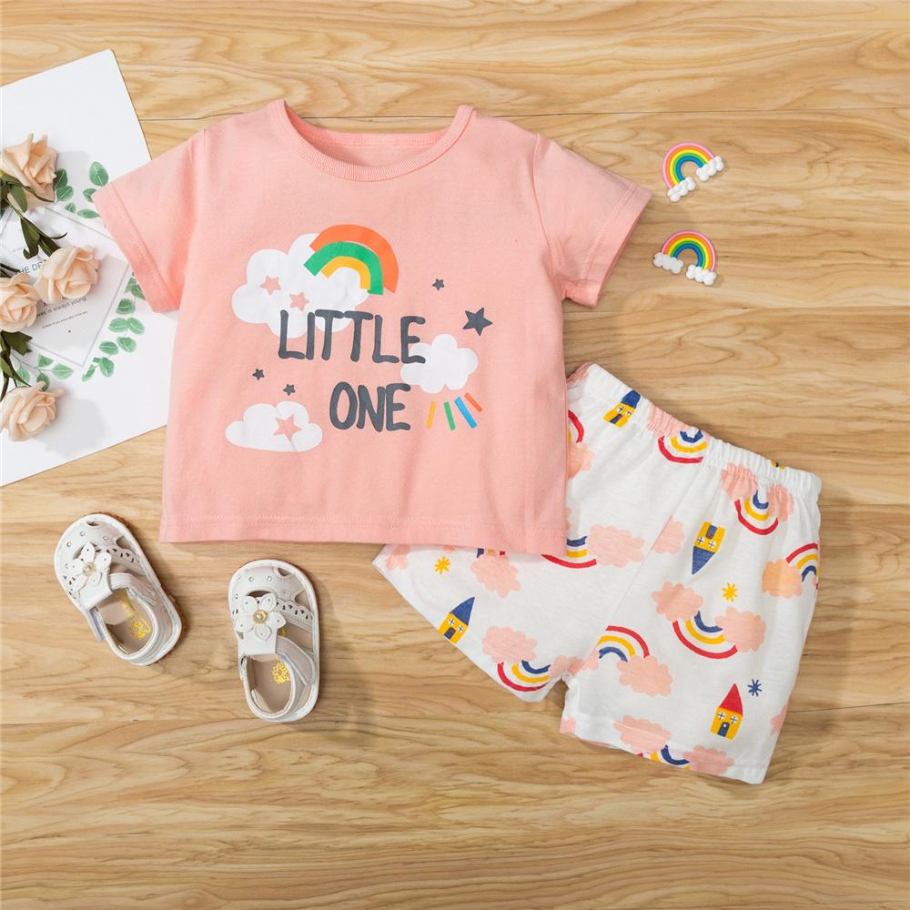 Girls Letter Little One Rainbow Printed Short Sleeve Top & Shorts wholesale childrens clothing online