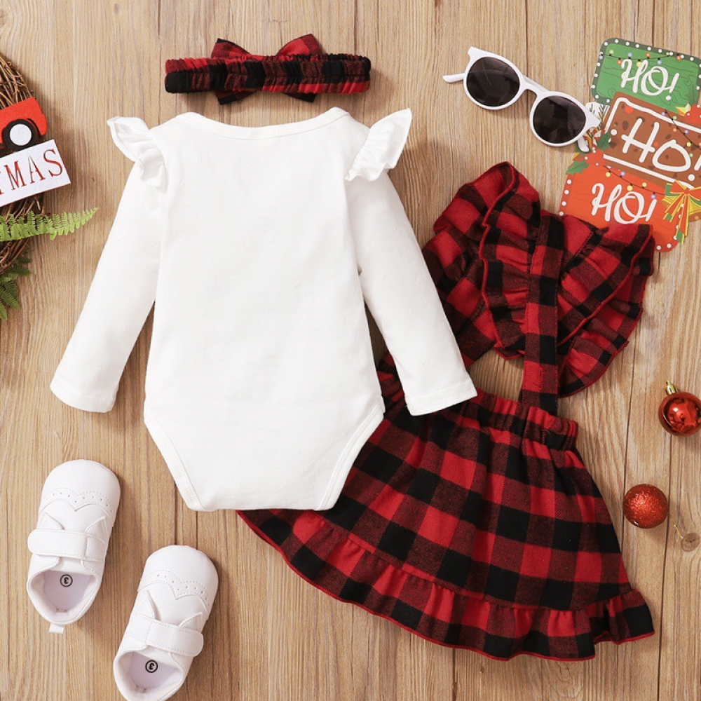 Baby Girls Letter Long Sleeve Plaid Romper & Skirt & Headband wholesale baby clothes usa