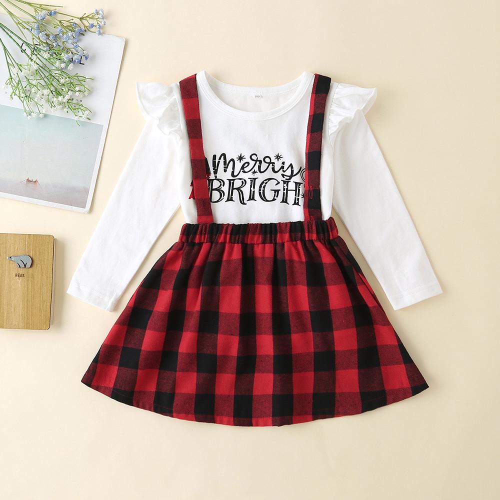 Girls Letter Long Sleeve Plaid Top & Skirts children wholesale clothing