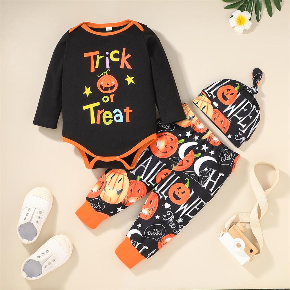 Baby Letter Long Sleeve Pumpkin Printed Romper & Pants & Hat Wholesale Baby Clothes